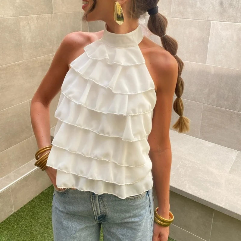 Women's Ruffle Layered Chiffon Crop Halter Vest Top 2026 Summer Sleeveless Going Out Tank Tops Y2k Streetwear