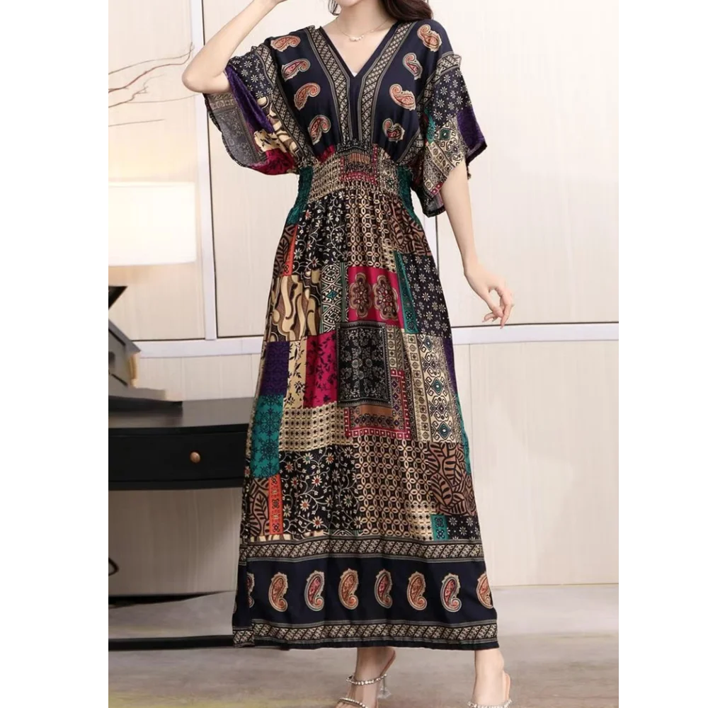 Vintage Print Midi Dress | V-Neck & Shirred Waist | Braviixx