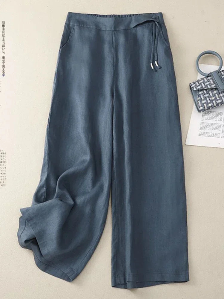 Women's High Waist Wide Leg Pants Summer 2026 Yellow Retro Cotton Linen Casual Pants Women Loose Straight Elastic Trousers