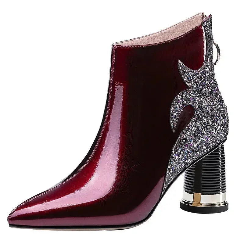Glitter-Detail Ankle Boots | Glossy Wine Red | Braviixx