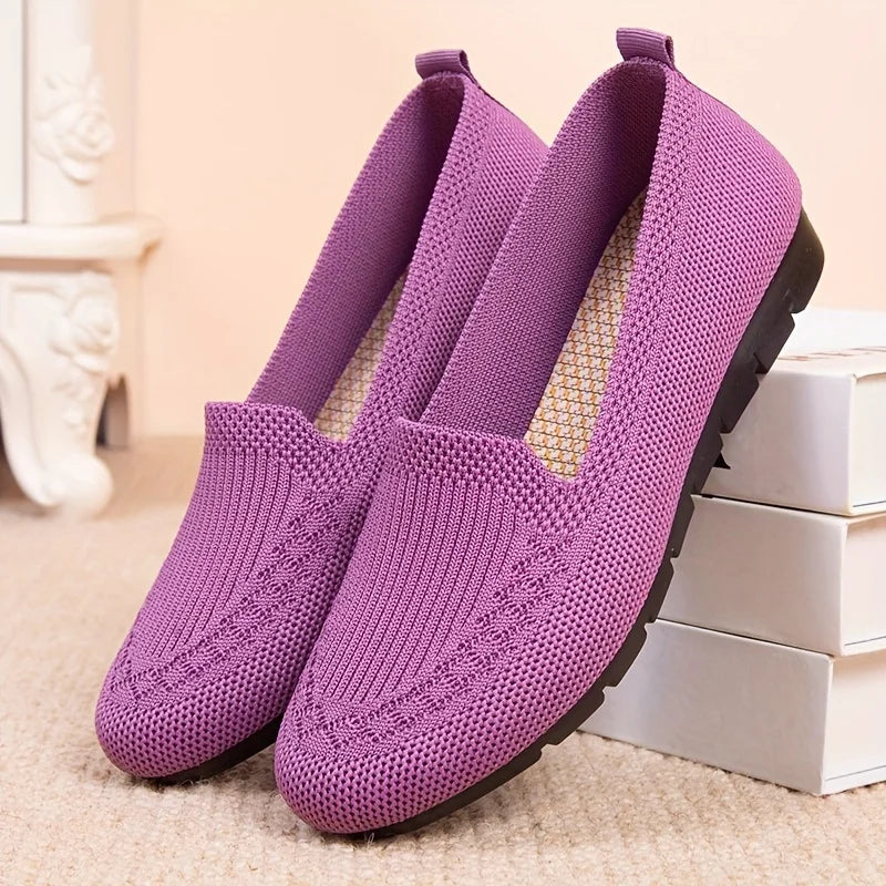 Women's Solid Color Knit Loafers Lightweight Anti Slip Flat Shoes for Casual Wear