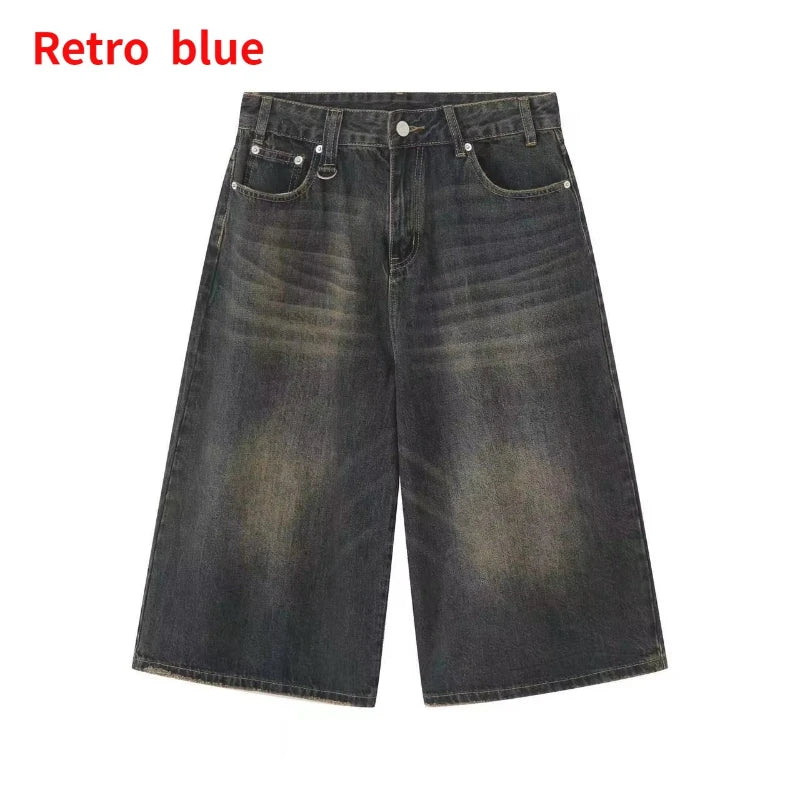 2026 Summer Y2k Retro Women Low Waisted Wash Cropped Baggy Jeans Wide Leg Frayed Denim Short Pants Korean Fashion Pants