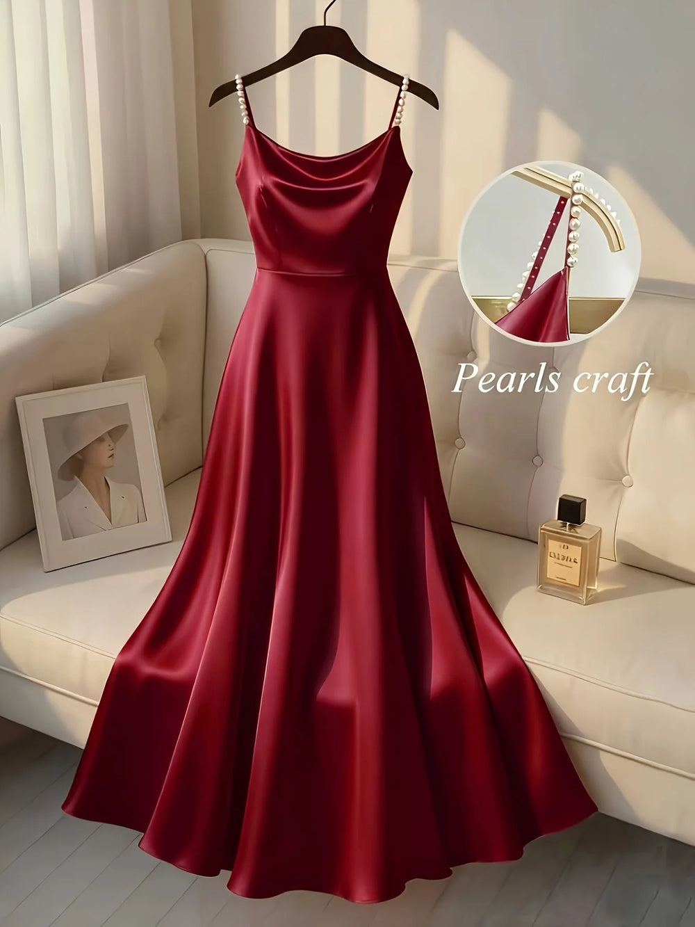 Pearl Strap Satin Slip Retro Dress. Simple in Design, Stylish and Elegant, Ideal for Parties, Weddings, Dates and Daily Commutin