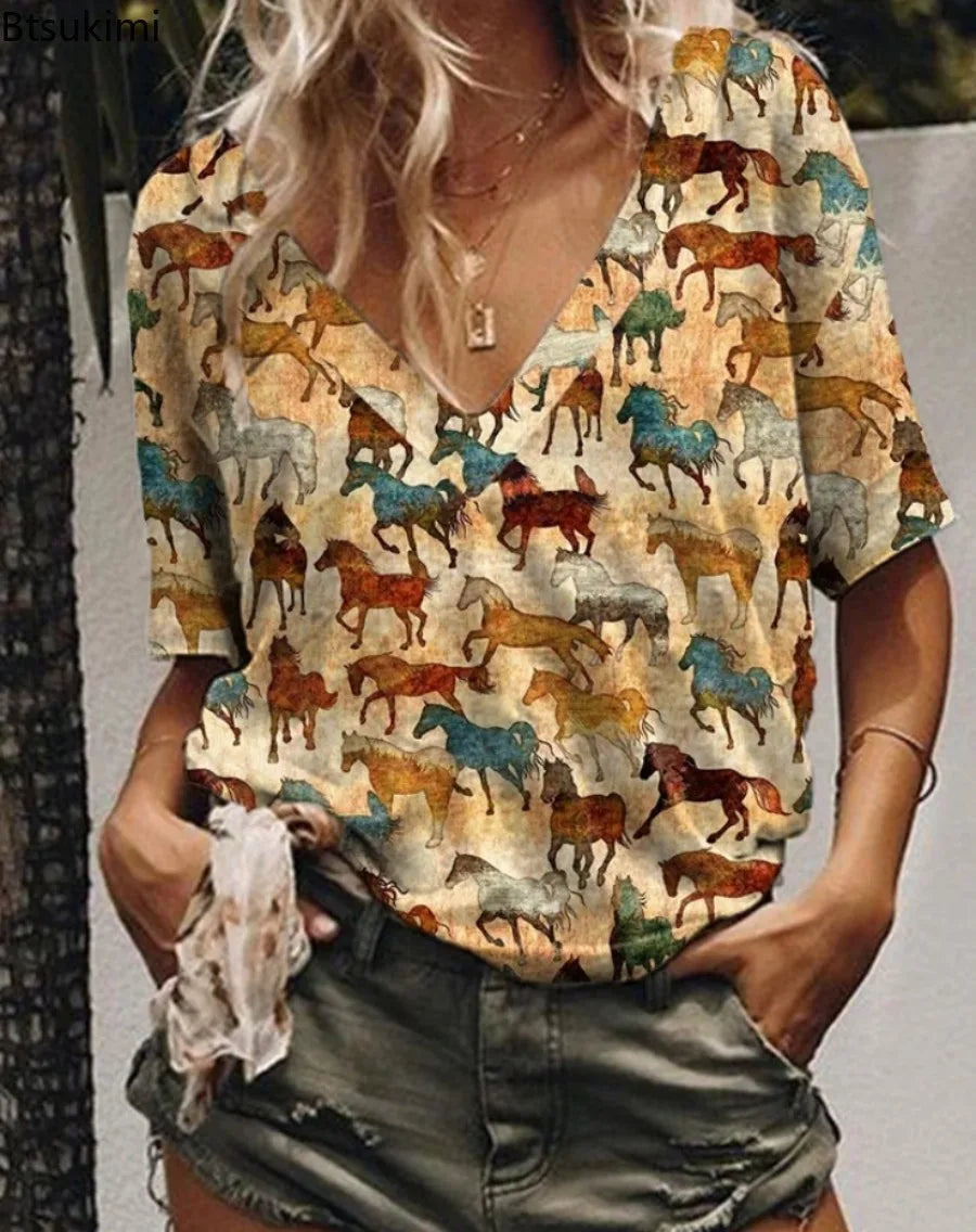 2026 Summer Floral Women's V-Neck Digital Printing T-Shirt Denim Short Sleeve Western Style New Arrival Polyester Fiber T-Shirt