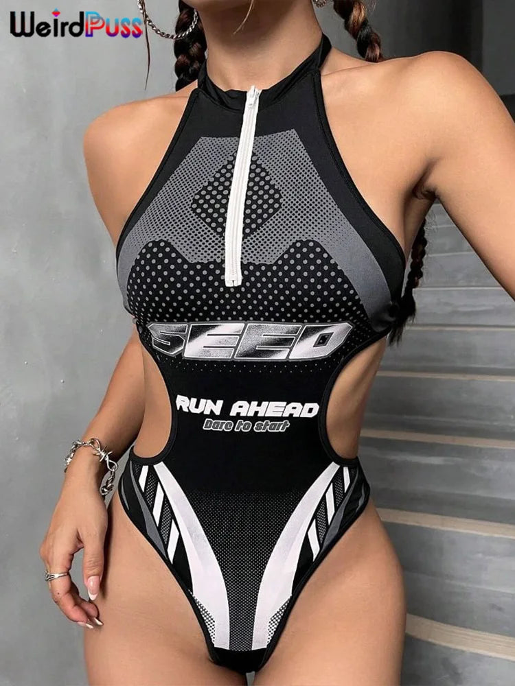 Graphic Halter Bodysuit | Zip Front & Side Cut-Outs | Braviixx