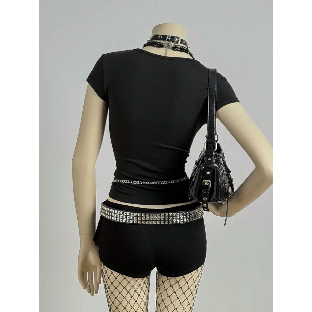 Gothic Punk Top Women Black Stud Embellished Deep V Neck Cutout Short Sleeve Fitted Blouse 2026