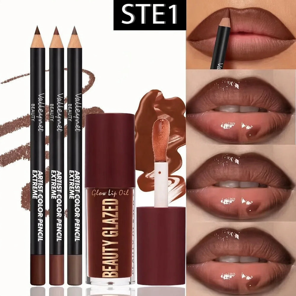 4-Piece Waterproof Matte Lip Kit | 3 Lip Liners + 1 Lip Glaze