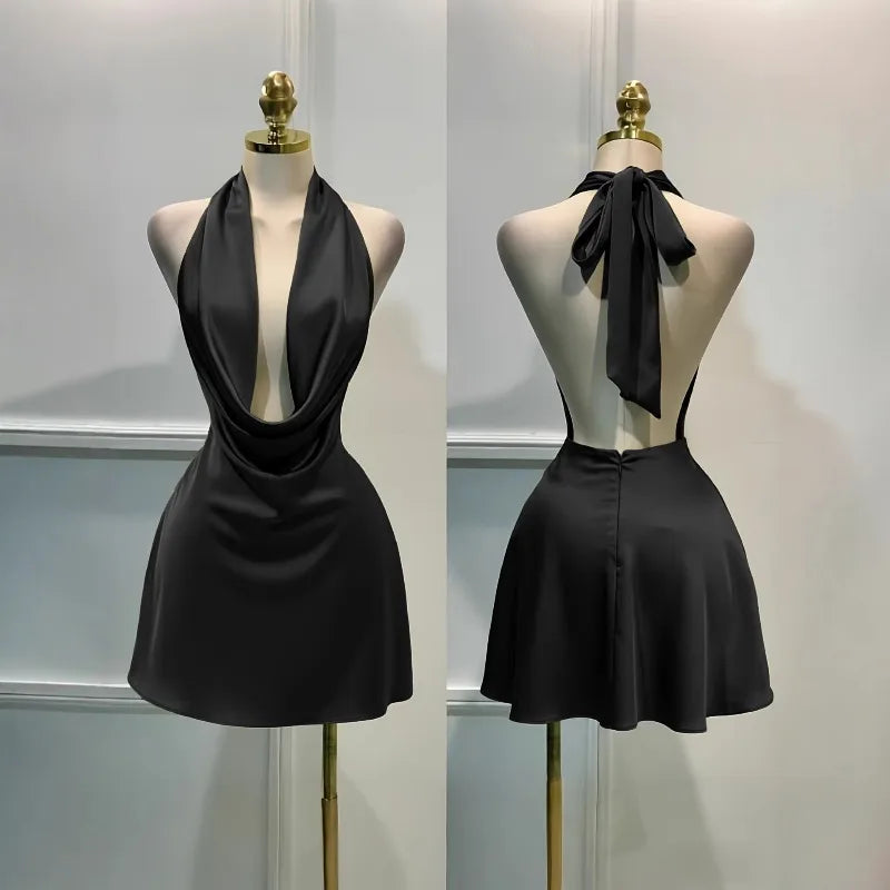 Satin Halter Mini Dress | Draped Neckline & Open Back | Braviixx