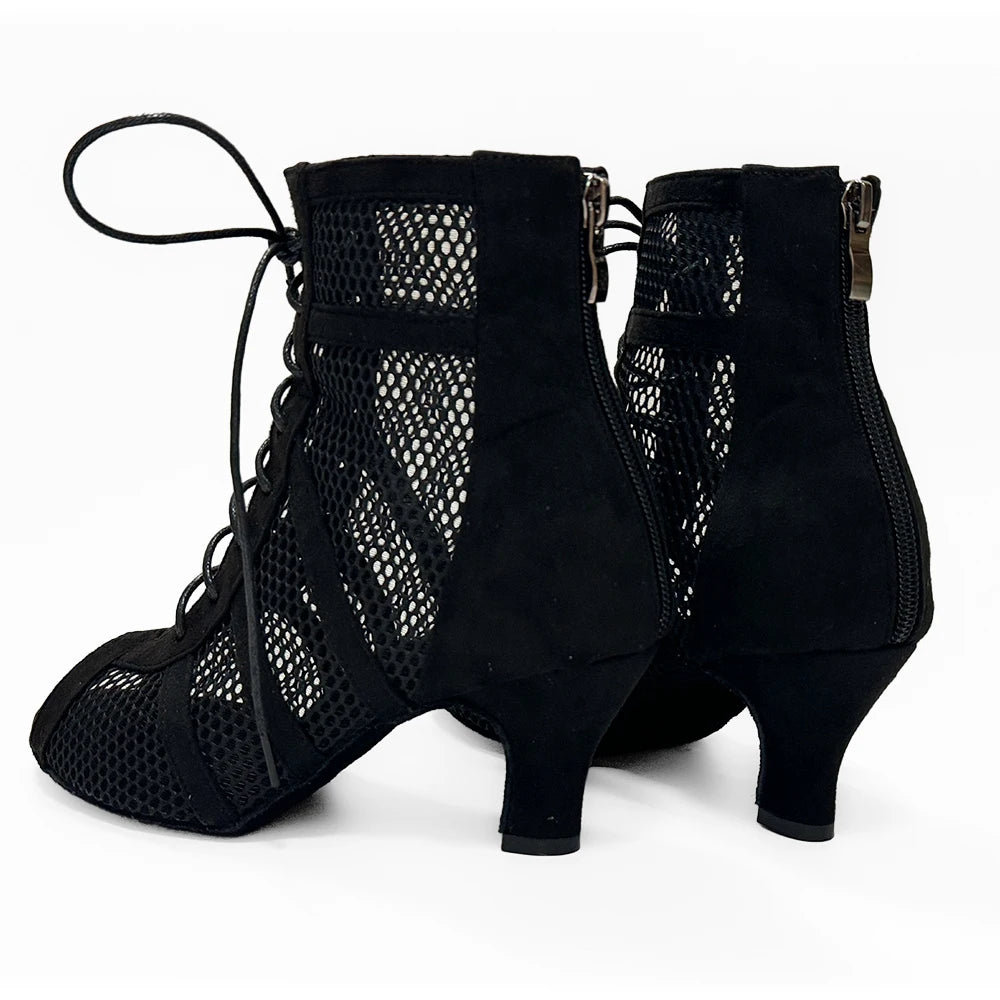 Women's Black Lace-Up Mesh Dance Booties | Braviixx
