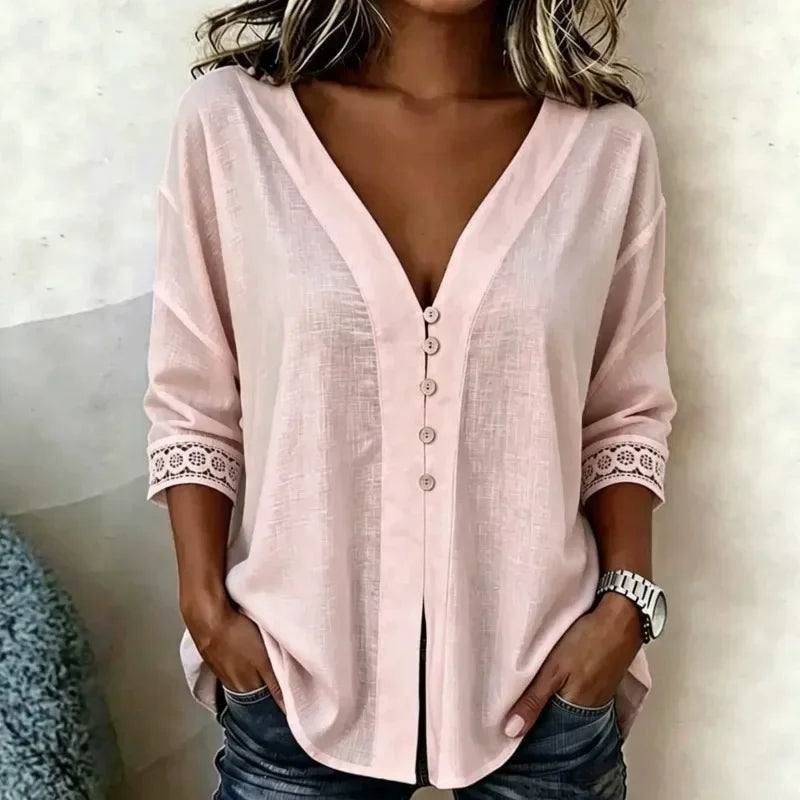 Women V‑Neck Button Blouse 3/4 Sleeve Lace Cuff Shirt Casual Loose Linen Tunic Tops Bohemian Daily Wear Ladies Summer Shirts