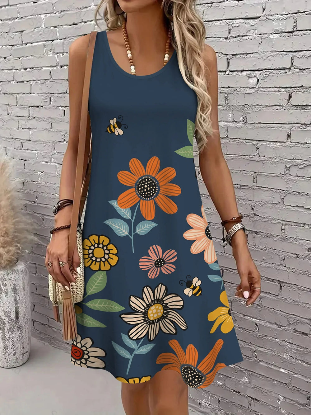 Women's Floral Sleeveless A-Line Dress | Scoop Neck | Braviixx