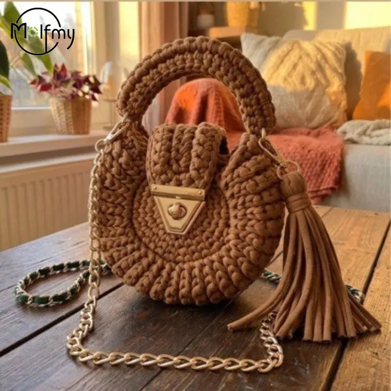 Round Crochet Handbag | Tassel & Chain Shoulder Strap | Braviixx