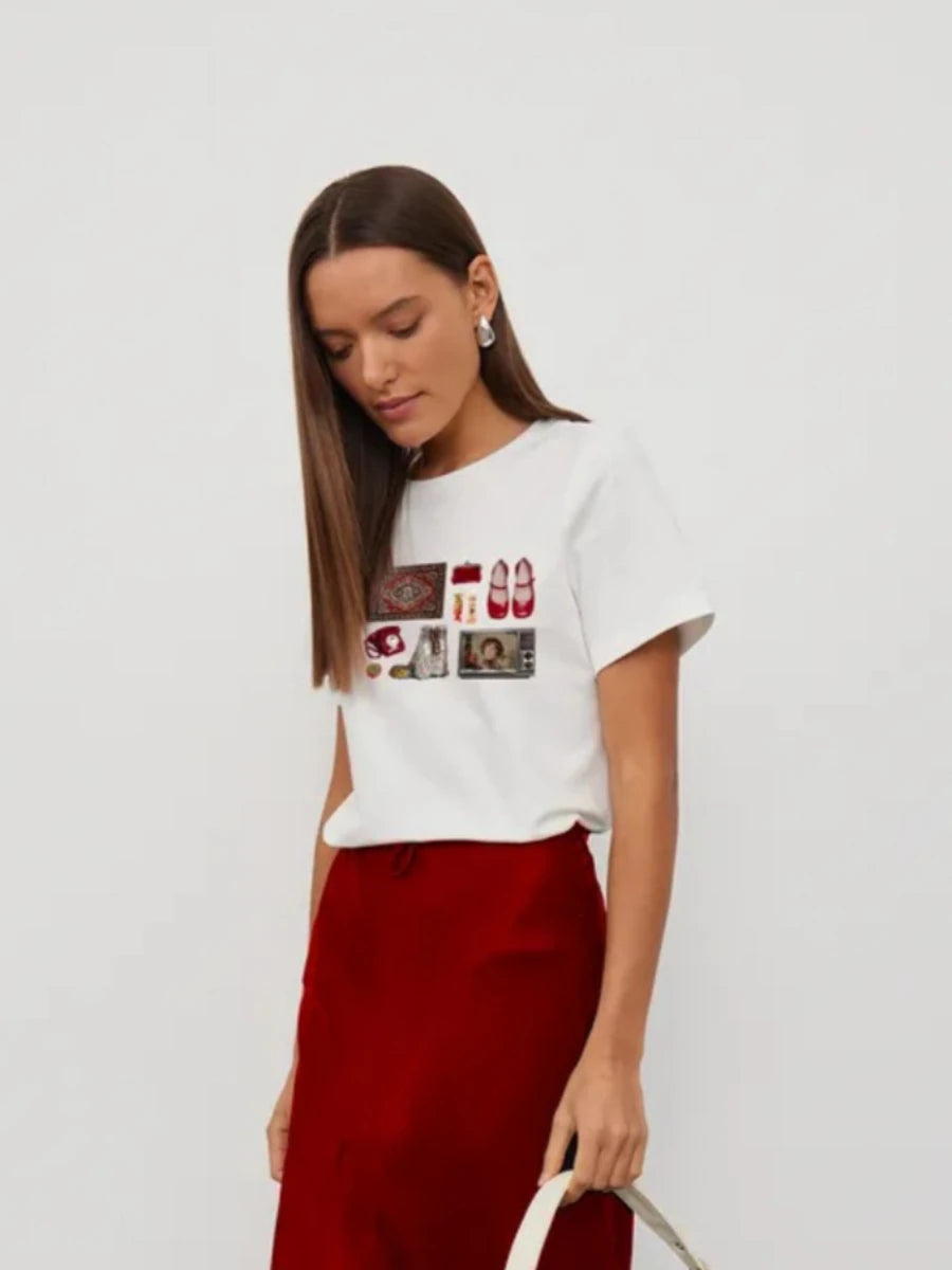 Women's New 2026 Summer Casual T-Shirts Minimalist Fun Design Niche Loose Versatile 100% Cotton Printed Short-Sleeve Trendy Tee