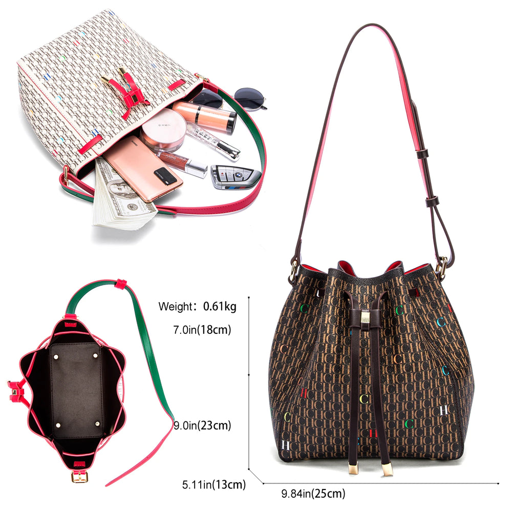 Women's Drawstring Bucket Bag | Letter Print & Shoulder Strap | Braviixx