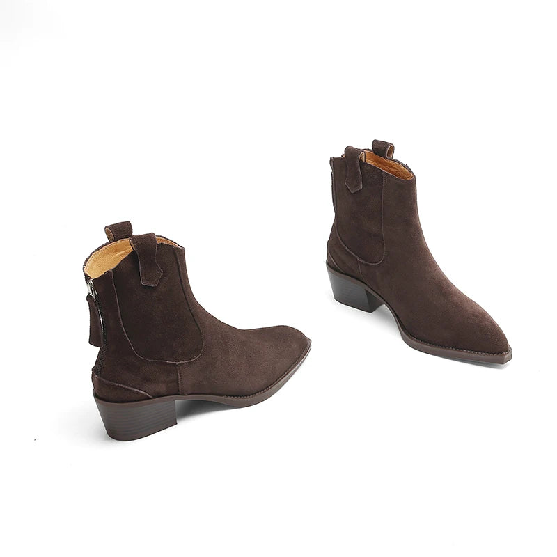 New 2025 Trend Autumn Winter Cow Suede Women Western Boots Black Brown Khaki Purple Green Burgundy Pointed Toe Lady Ankle Boots