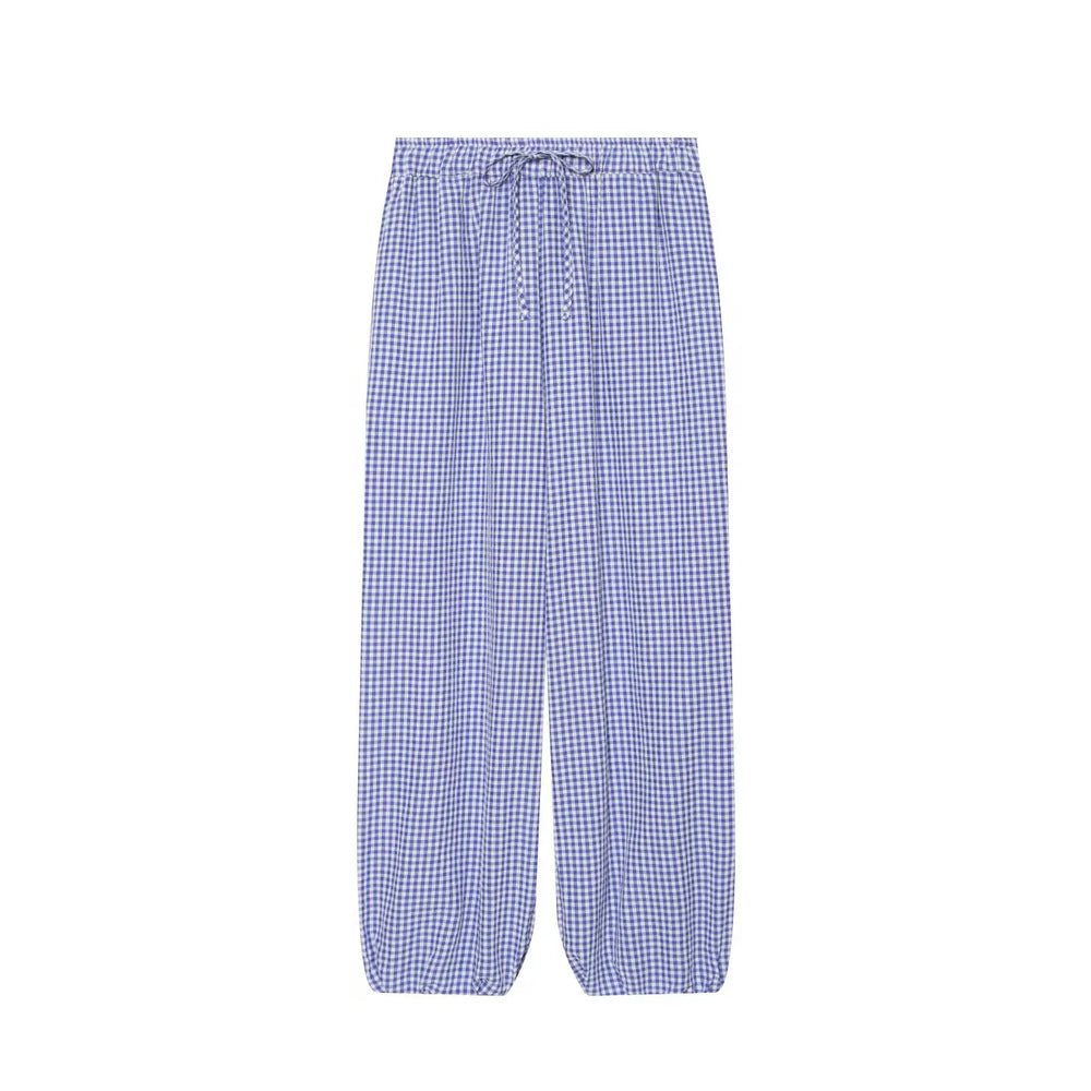 Women's Long Pants 2026 Summer New Style Red Plaid Drawstring Lantern Pants Long Pants Beach Vacation Casual Fashion