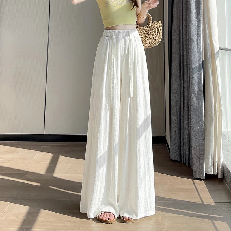 Cotton Linen Wide-Leg Pants 2026 Women Summer Casual Solid Holiday Pants Feet Cool Breathable Ice Silk Drape Mop Straight Pants