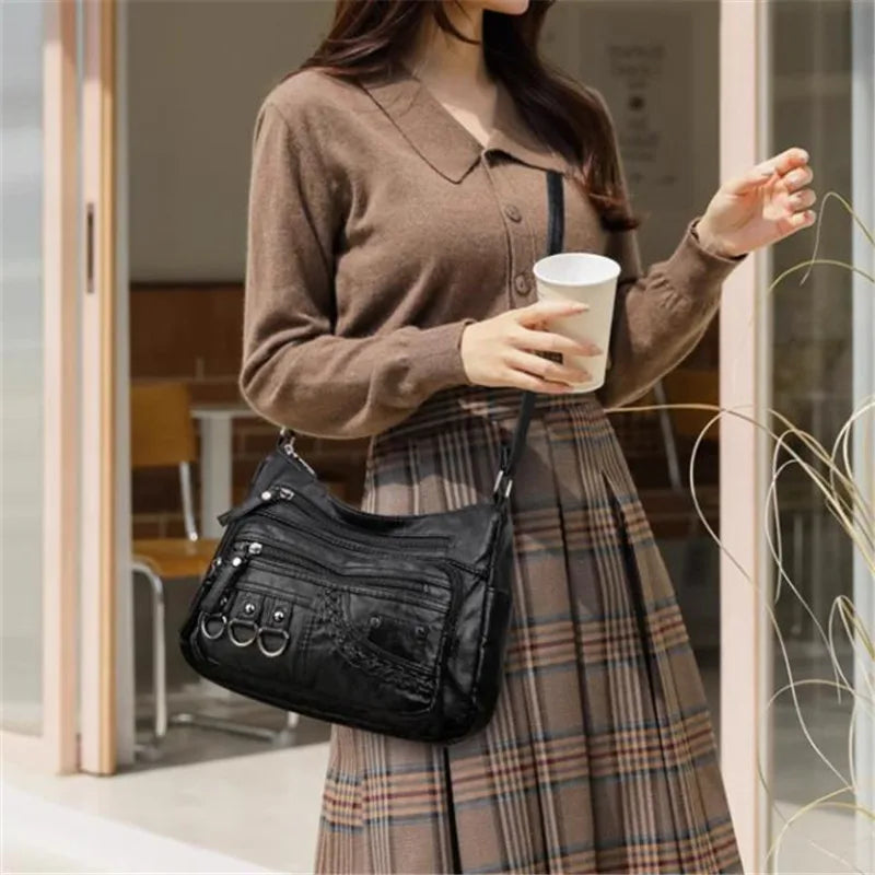 Vintage Multi-Pocket Crossbody Bag | Braided Trim & Ring Details | Braviixx