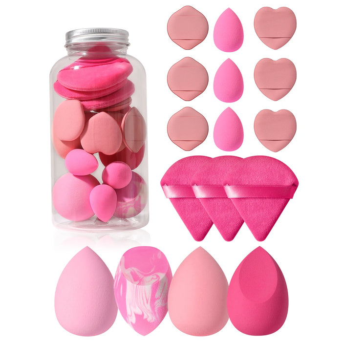 16-Piece Pink Makeup Sponge & Powder Puff Set | Latex-Free · Multi-Shape · Foundation Blender | Storage Jar | Braviixx