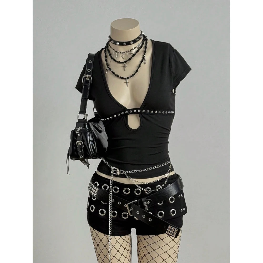 Gothic Punk Top Women Black Stud Embellished Deep V Neck Cutout Short Sleeve Fitted Blouse 2026