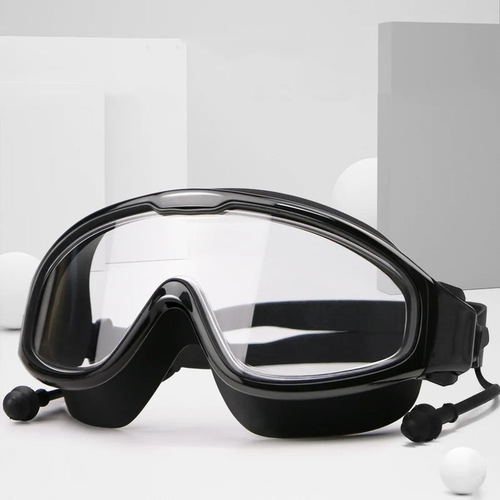 Adult Swimming Goggles | Wide Frame · Anti-Fog · Waterproof · Ear Plugs Included | White · Black | Braviixx