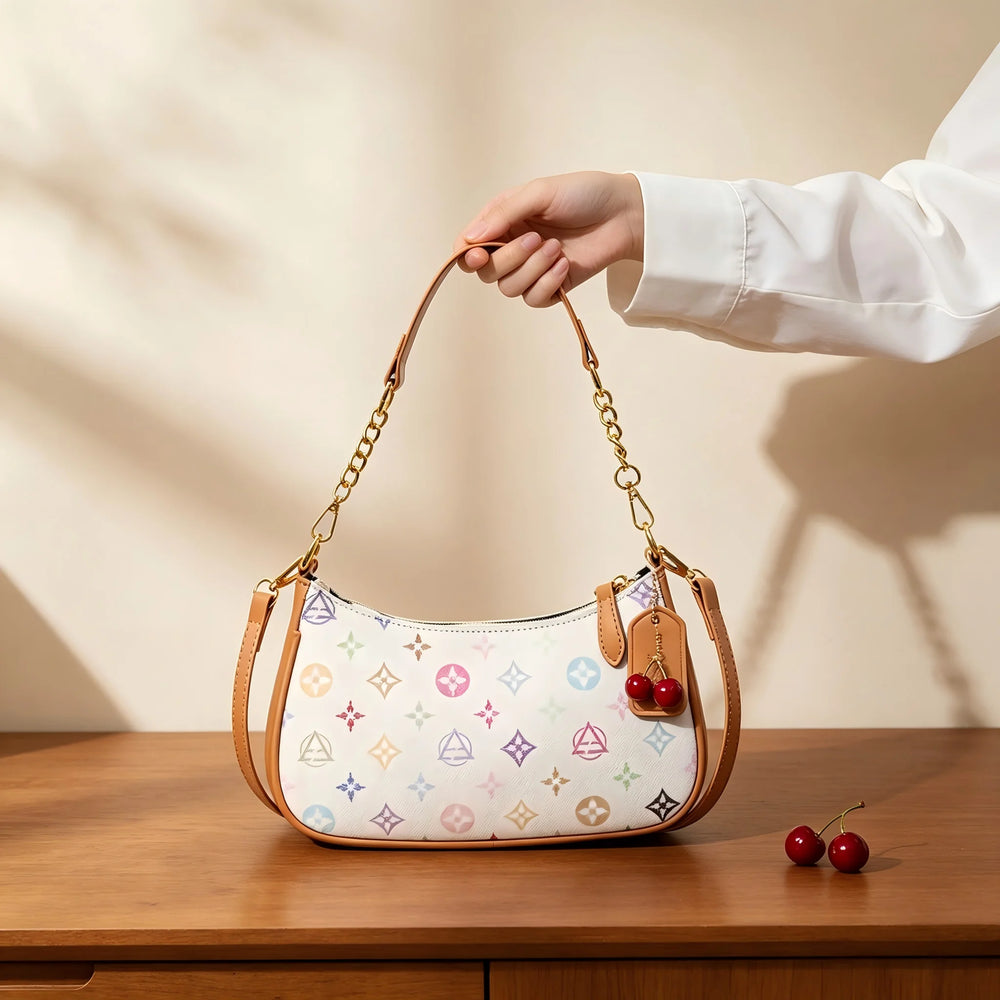 Printed Crescent Shoulder Bag | Cherry Charm & Chain Strap | Braviixx