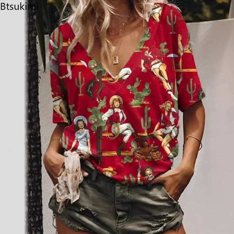 2026 Summer Floral Women's V-Neck Digital Printing T-Shirt Denim Short Sleeve Western Style New Arrival Polyester Fiber T-Shirt