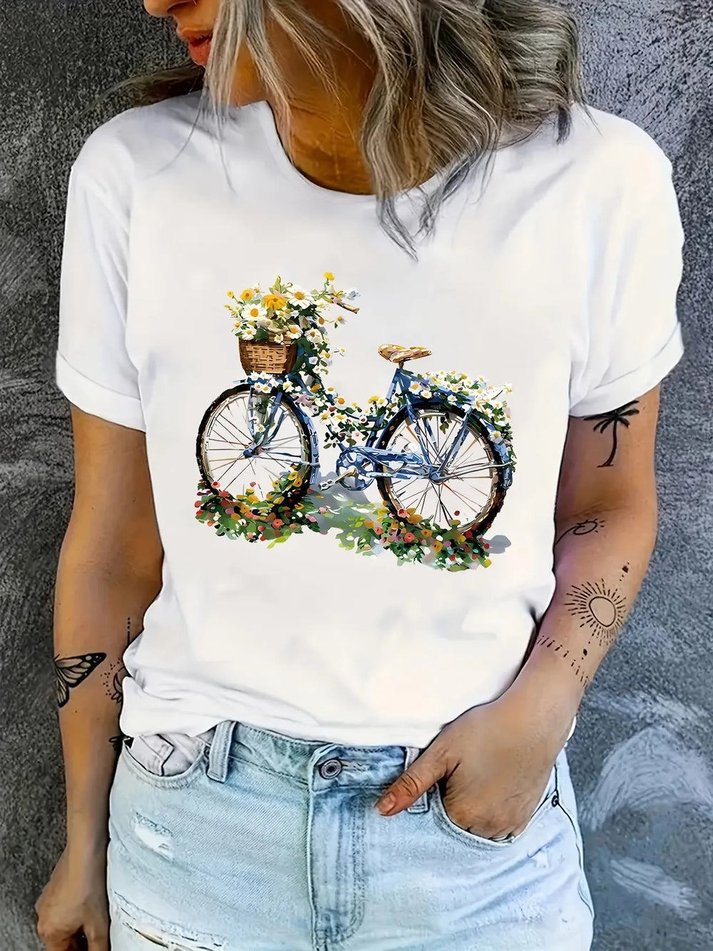 T-shirt 90s 2026 Floral Bike Print Women's Casual Graphic Y2K Geometric Art Print Short Sleeve T Shirt Clothing Top Tee