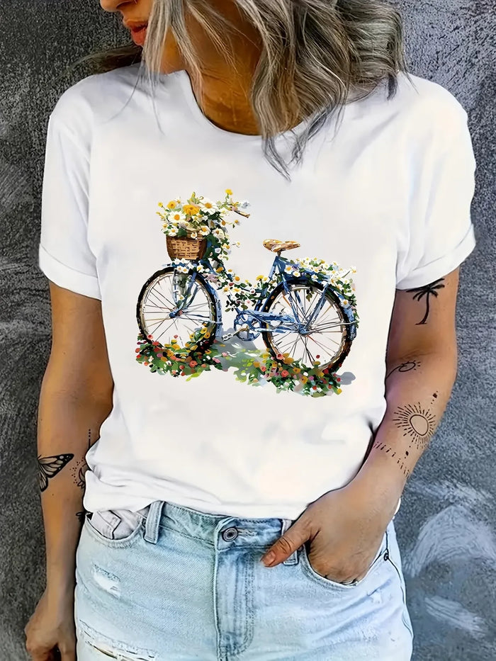 T-shirt 90s 2026 Floral Bike Print Women's Casual Graphic Y2K Geometric Art Print Short Sleeve T Shirt Clothing Top Tee