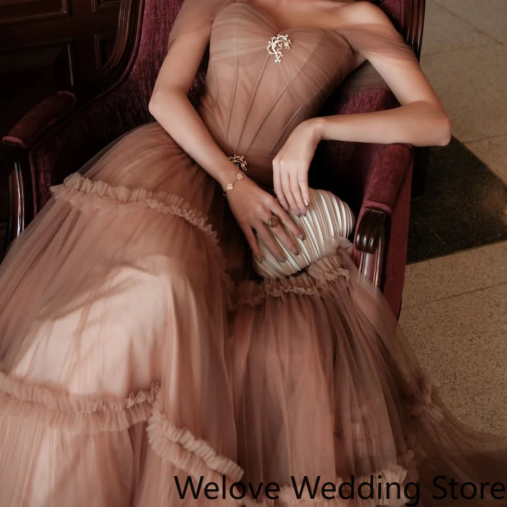 Off-the-Shoulder Sheer Corset Tulle Gown | Tiered Ruffle Skirt Formal Evening Dress