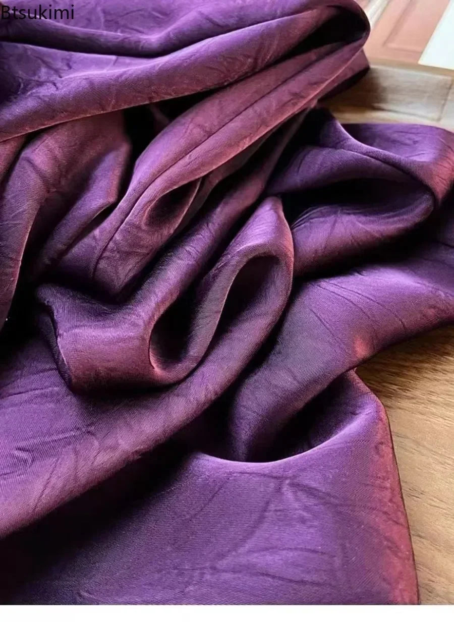 2026Women's Vintage Satin Long Pants Chinese Style Solid High Waist Wide Leg Pants Loose Casual Versatile Streetwear Women Pants