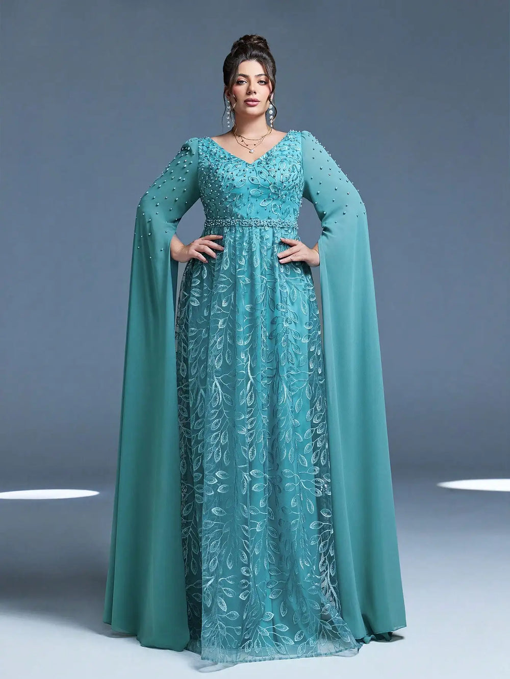 Embroidered Plus Size Evening Gown | Beaded Cape Sleeves | Braviixx