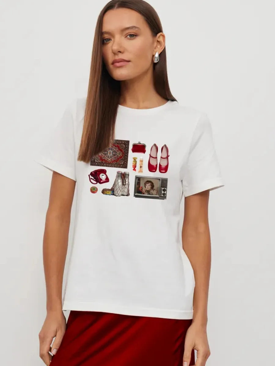 Women's New 2026 Summer Casual T-Shirts Minimalist Fun Design Niche Loose Versatile 100% Cotton Printed Short-Sleeve Trendy Tee