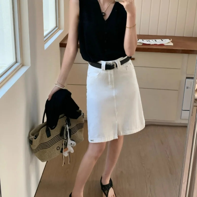Women's Off White With Belt Denim Mini Skirts Summer 2026 Fashion High Waisted Casual Split A-line Jeans Skirt Female