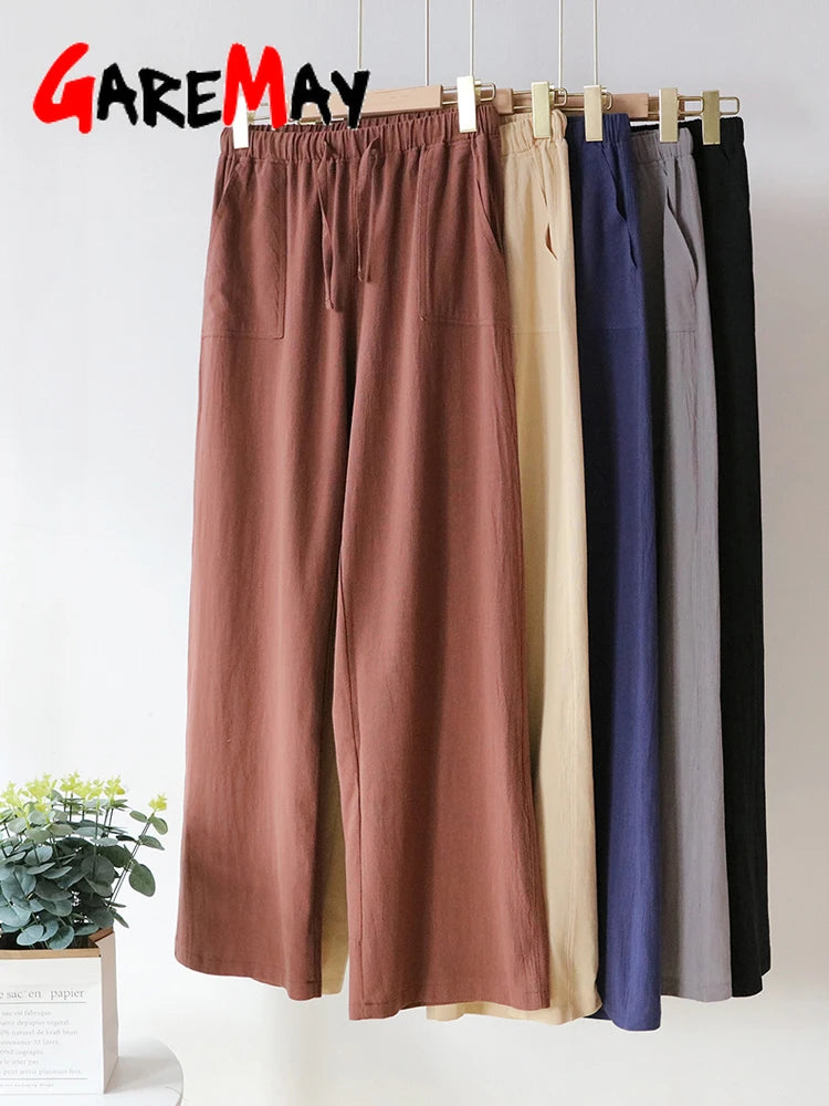 Cotton Linen Pants for Women Stacked Loose Vintage Solid Basic High Waist Wide Leg Khaki Trousers Summer Women's Pants