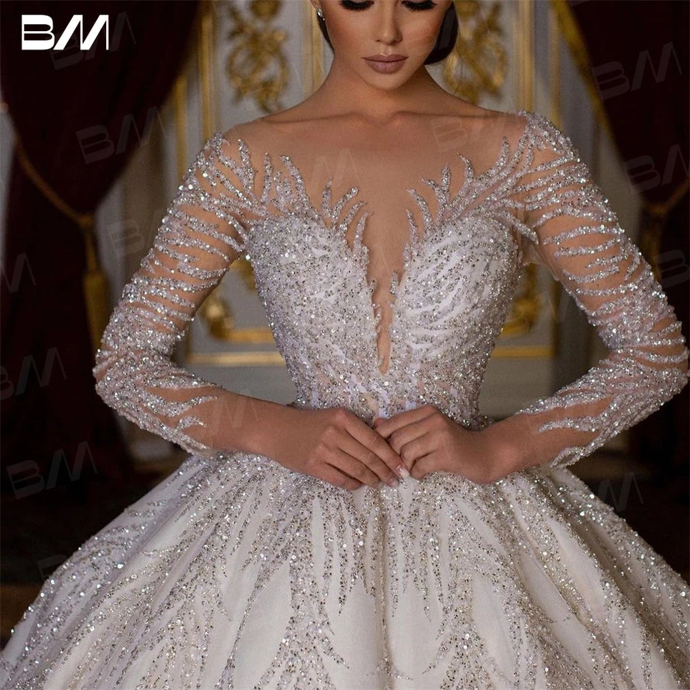 Beaded Long Sleeve Wedding Ball Gown | Chapel Train | Braviixx
