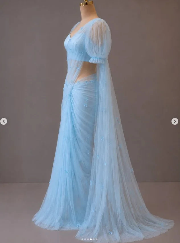 Draped Saree Set | Puff-Sleeve Tie-Back Blouse | Braviixx