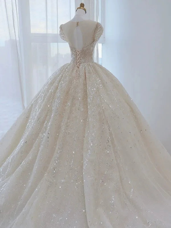 Lace & Beaded Wedding Ball Gown | Cap Sleeves | Braviixx
