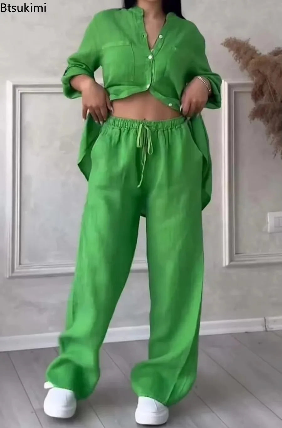 2026 Women Wide Leg Pants with Shirt Two Piece Sets Versatile Loose Casual Suits Chic Comfy Cotton Linen Streetwear Sets Femme