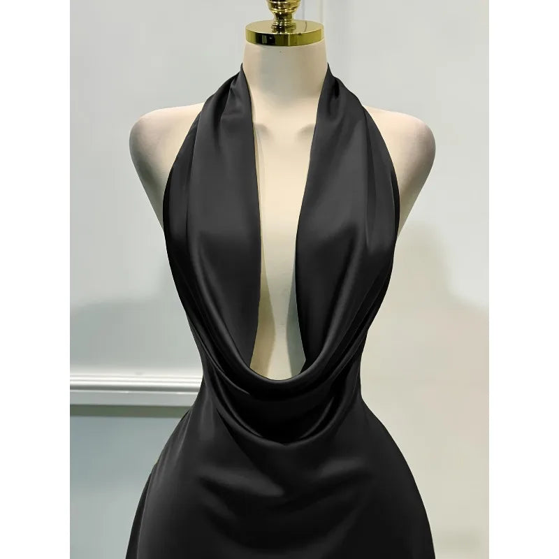 Satin Halter Mini Dress | Draped Neckline & Open Back | Braviixx