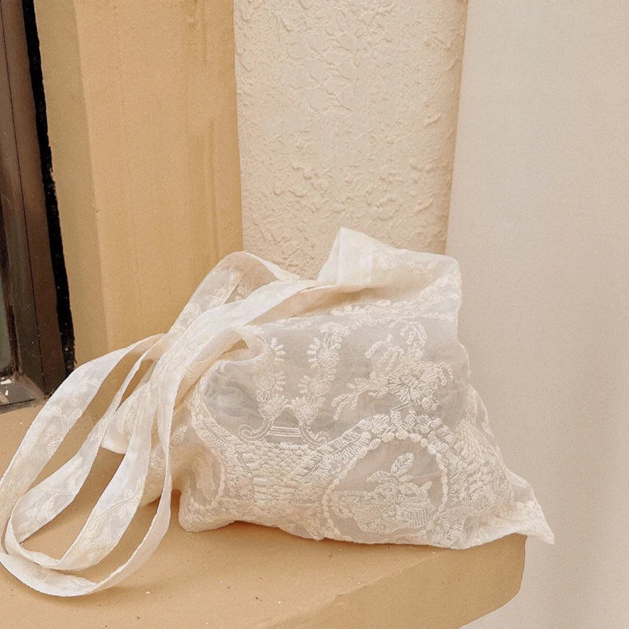 Floral Embroidered Sheer Tote Bag | Ivory Lace-Look Design | Braviixx