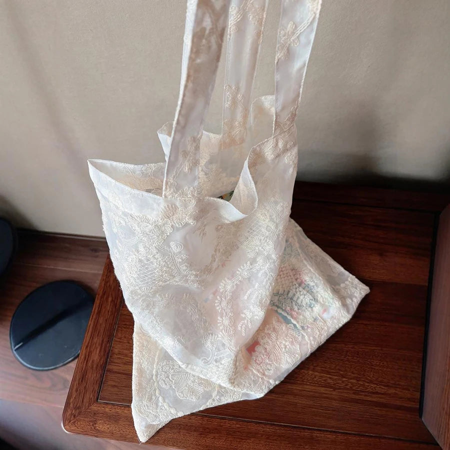 Floral Embroidered Sheer Tote Bag | Ivory Lace-Look Design | Braviixx