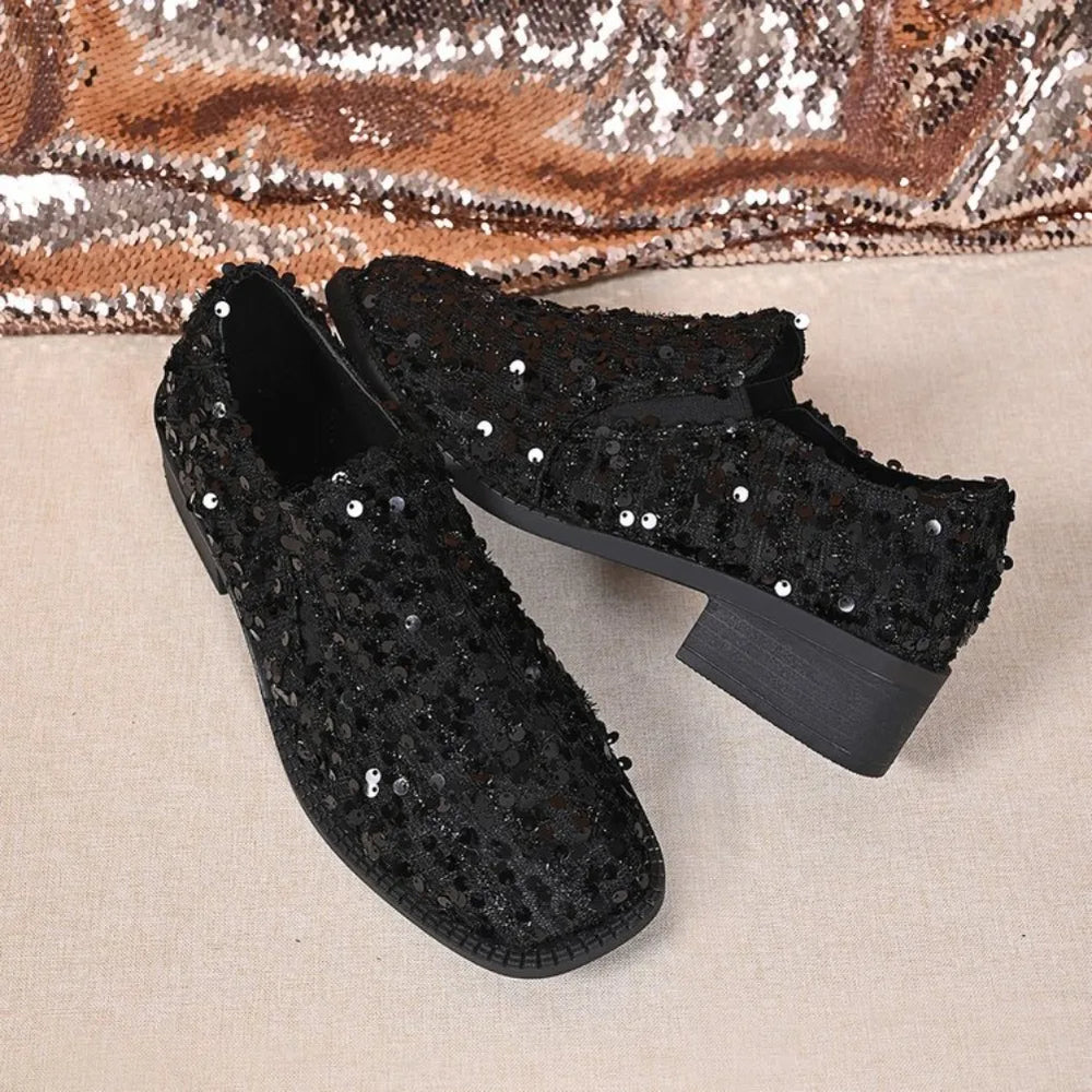 Women's Black Sequin Loafers | Slip-On & Block Heel | Braviixx