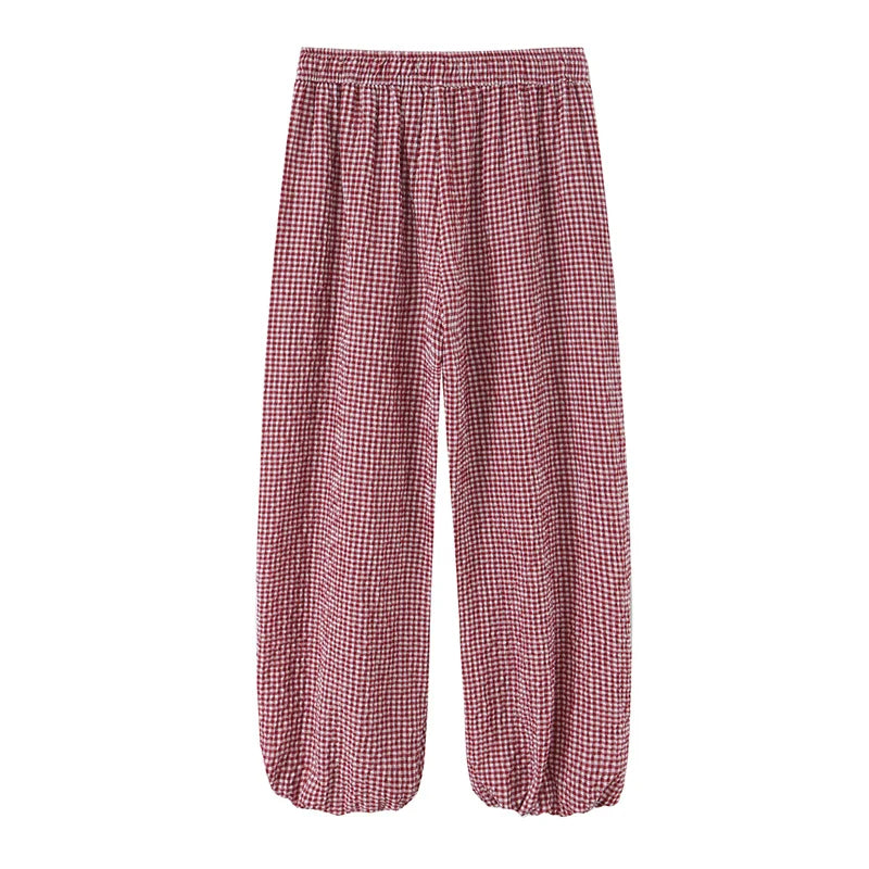 Women's Long Pants 2026 Summer New Style Red Plaid Drawstring Lantern Pants Long Pants Beach Vacation Casual Fashion