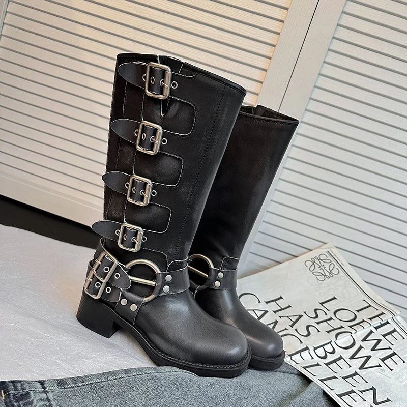 Multi-Buckle Tall Boots | Harness Detail & Block Heel | Braviixx