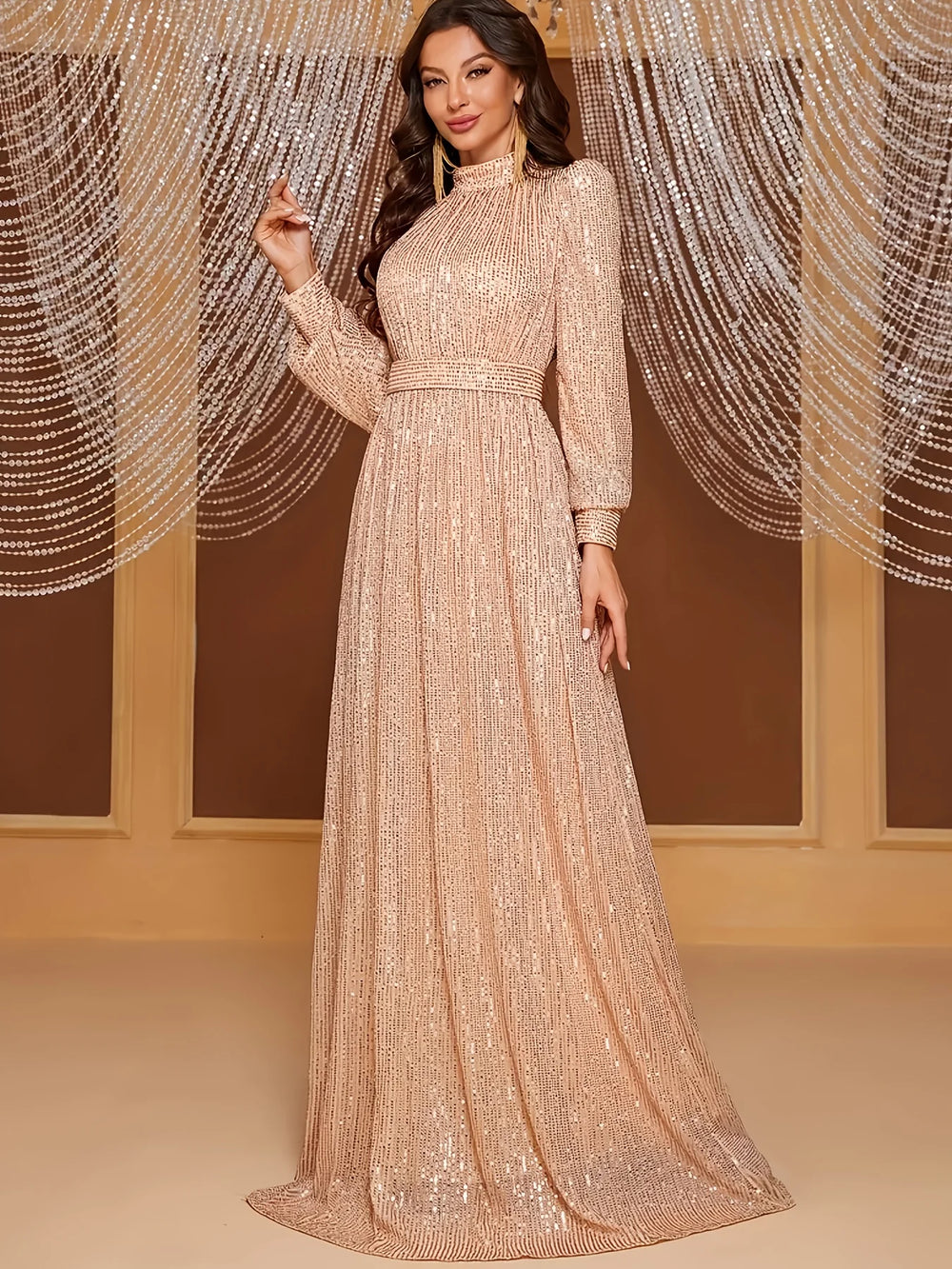 Elegant Retro Long-Sleeve Maxi Dress for Women - Perfect for Evening Events, Weddings & Parties