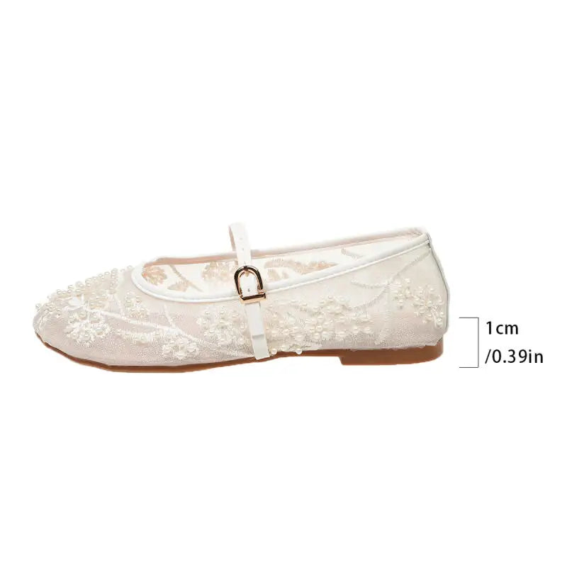 Luxury Pearl Flower Beige Black Ballet Flats Women Summer 2026 Breathable Lace Buckle Decorat Mary Jane Shoes Woman's Soft Pumps