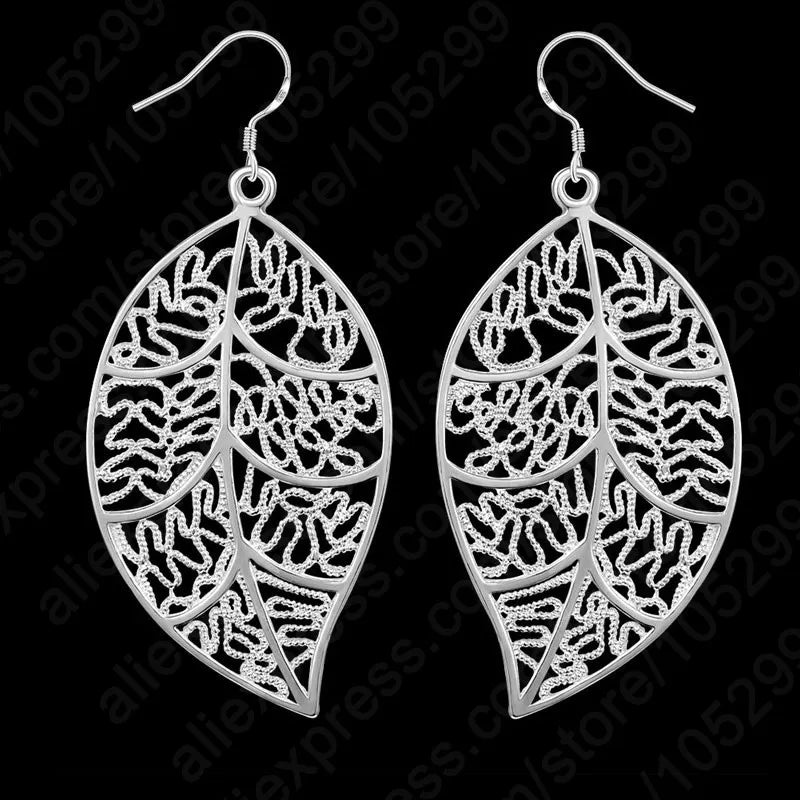 Women's Silver-Tone Leaf Jewellery Set | Openwork Pendant & Drop Earrings | Braviixx
