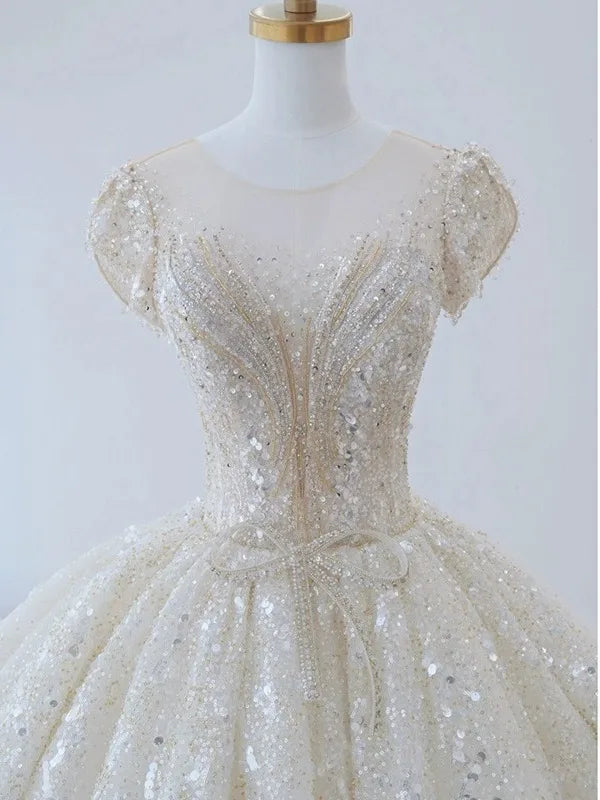 Lace & Beaded Wedding Ball Gown | Cap Sleeves | Braviixx