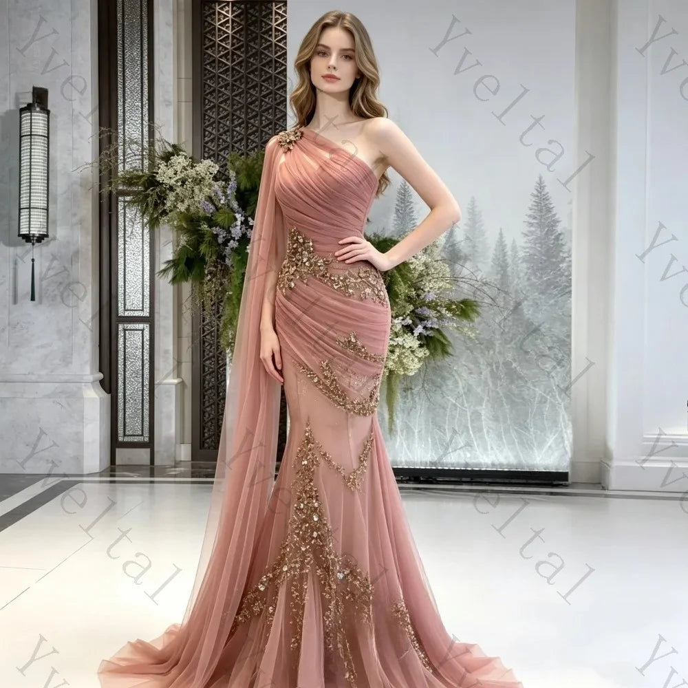 One Shoulder Draped Tulle Mermaid Gown | Gold Floral Rhinestone Formal Evening Dress